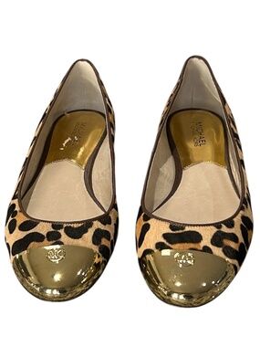 Michael Kors Leopard Print Ballet Flats Sz 10 M Round-toe Gold Tone MK Hardware